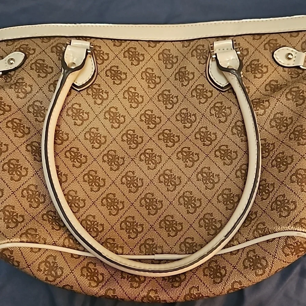 VTG GUESS 1990s Brown Cream Trim Logo Monogram Reama Tote Bag
